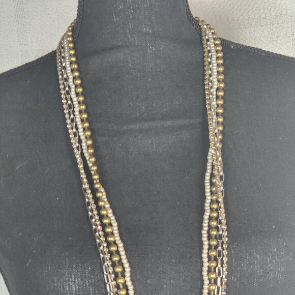 Chico's Silver Gold White Faux Pearl Crystal Ball Chain Box Link 36" Necklace - Picture 3 of 16